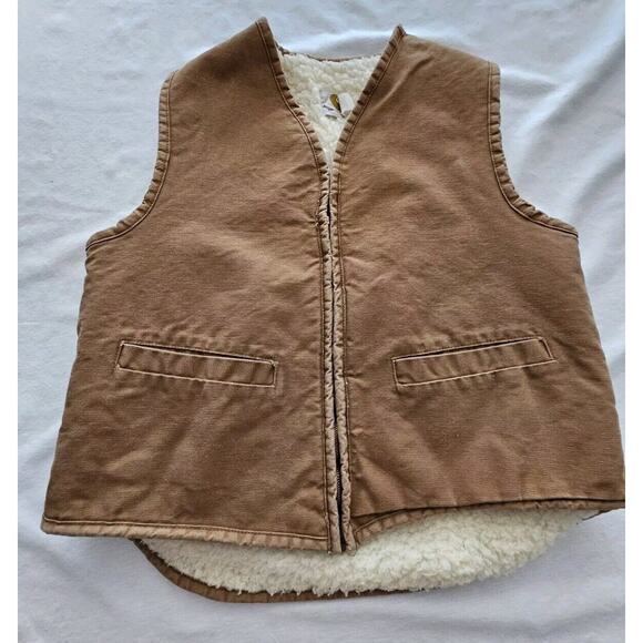 Carhartt Other - Carhartt Vest Men Large Duck Sherpa Lined Denim Work Zip Made USA Vintage Tan